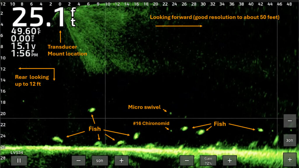 Garmin LiveScope screenshot showing fish reacting to #16 chironomid, micro swivel and split shot at 22 feet on a BC Interior trout lake